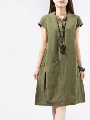 Unique Pocket A-Line Linen Dress