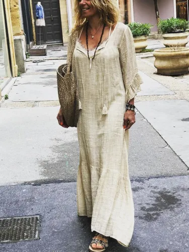 Ruffled Casual V Neck 3/4 Sleeve Dresses