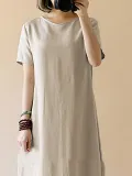 Shift Women Daily Linen Short Sleeve Casual Solid Casual Dress