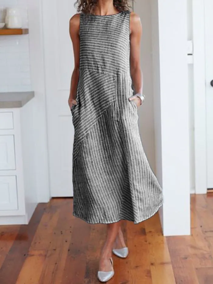 Women Casual Dress Cotton Striped Crew Neck Shift Daily Dresses