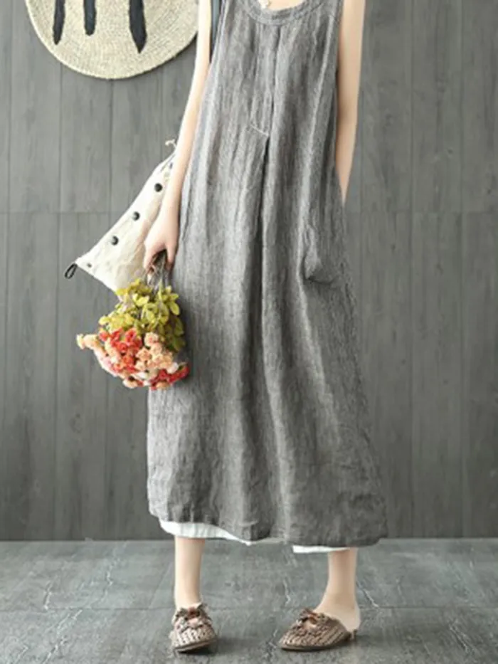 Linen Maxi Dress Plus Size  Crew Neck Shift Sleeveless Casual