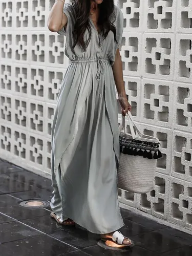 Gray Basic V Neck Beach Dress