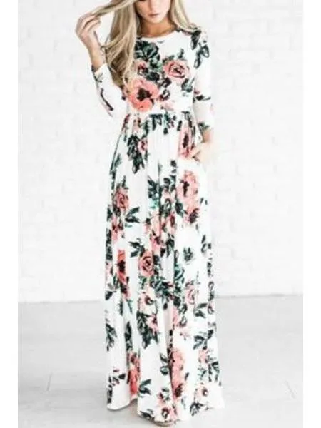 Round Neck Floral Long Sleeve Maxi Dresses
