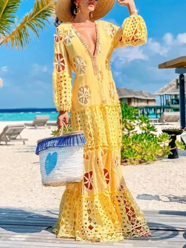 Balloon Sleeves Sexy Hollow Maxi Dresses