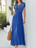 Gray Patchwork Cotton-Blend V Neck Short Sleeve Dresses