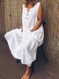Vintage Spaghetti-Strap Solid Linen Maxi Dresses