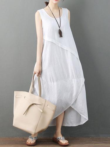 Sleeveless Asymmetrical Solid Color Linen Dress