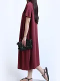 Round Neck  Patch Pocket  Plain  Cotton/Linen Maxi Plus Size Dress