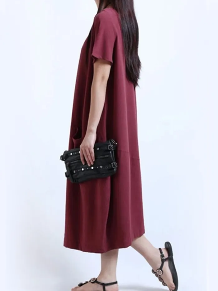 Round Neck  Patch Pocket  Plain  Cotton/Linen Maxi Plus Size Dress