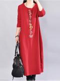 Women Solid Crew Neck Casual Loose Cotton Embroider Dress