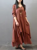 Plus Size Crew Neck Women Dress Asymmetrical Daytime Solid Linen Maxi Dress