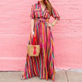 Button Down Collar  Stripes  Roll Up Sleeve  Half Sleeve Maxi Plus Size Dress