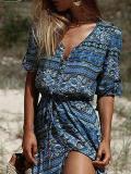 Blue V Neck Paneled Basic Half Sleeve Maxi Dresses