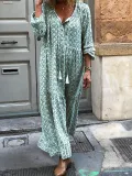 Women Shift Boho Floral Maxi Dresses Long Sleeve V Neck Daily Dresses
