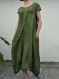 Summer Linen  Pockets Pleated Swing Solid Dresses
