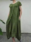 Summer Linen  Pockets Pleated Swing Solid Dresses