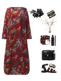 Crew Neck Long Sleeve Floral Printed Plus Size Dress