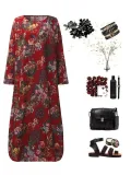 Crew Neck Long Sleeve Floral Printed Plus Size Dress