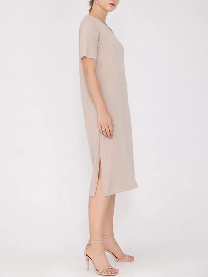 Women Plus Size Slit V Neck A-line Solid Shift Casual Midi Dress