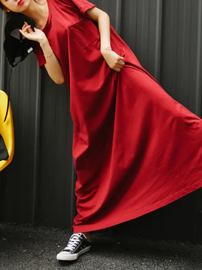 Plus Size Crew Neck Women Red Dress Shift Daytime Pockets Casual Maxi Dress