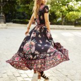 Spring Sexy V Collar Short-Sleeved Retro Printed Expansion Vacation Plus Size Dress