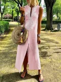 Sleeveless Geometric Casual Linen Maxi Dresses