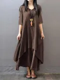 Plus Size Crew Neck Women Dress Asymmetrical Daytime Solid Linen Maxi Dress