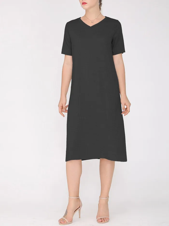 Women Plus Size Slit V Neck A-line Solid Shift Casual Midi Dress