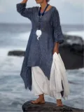 Plus Size Women Linen Dress Casual Asymmetric  Crew Neck Summer Dresses