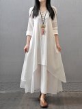 Plus Size Crew Neck Women Dress Asymmetrical Daytime Solid Linen Maxi Dress