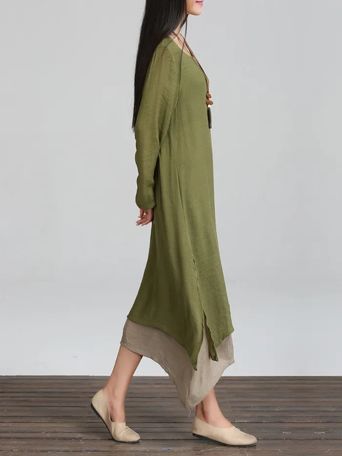 Long Sleeve Linen Cotton Crew Neck Casual Plus Size Dress