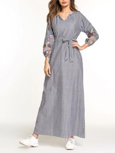 Embroidery Striped Maxi Dress