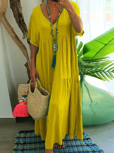V Neck Women Dresses Going Out Paneled Casual Cotton Dresses
