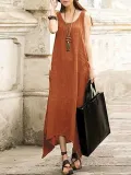 Plus Size Crew Neck Sleeveless Linen Solid Maxi Dress