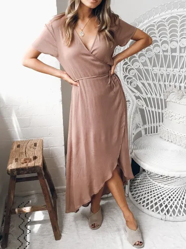 Women Cotton V Neck Solid Basic Summer Dress