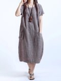 Round Neck  Patch Pocket  Plain  Cotton/Linen Maxi Plus Size Dress