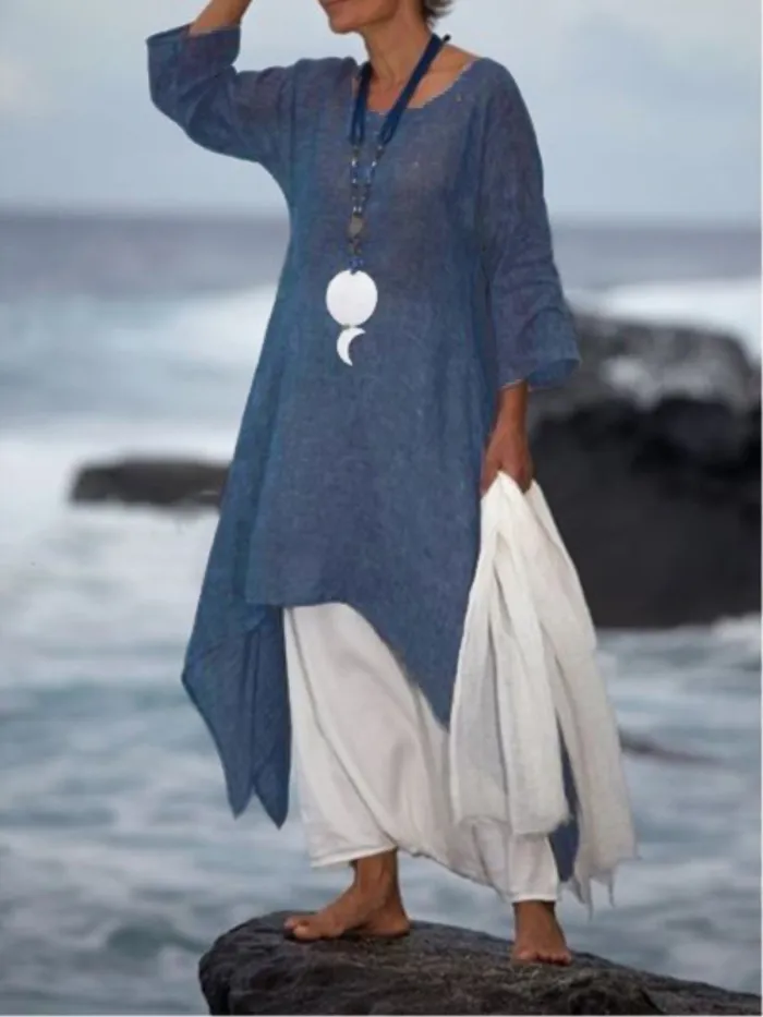 Plus Size Women Linen Dress Casual Asymmetric  Crew Neck Summer Dresses