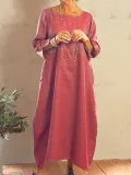 Khaki Cotton-Blend Casual Plain Crew Neck Dresses
