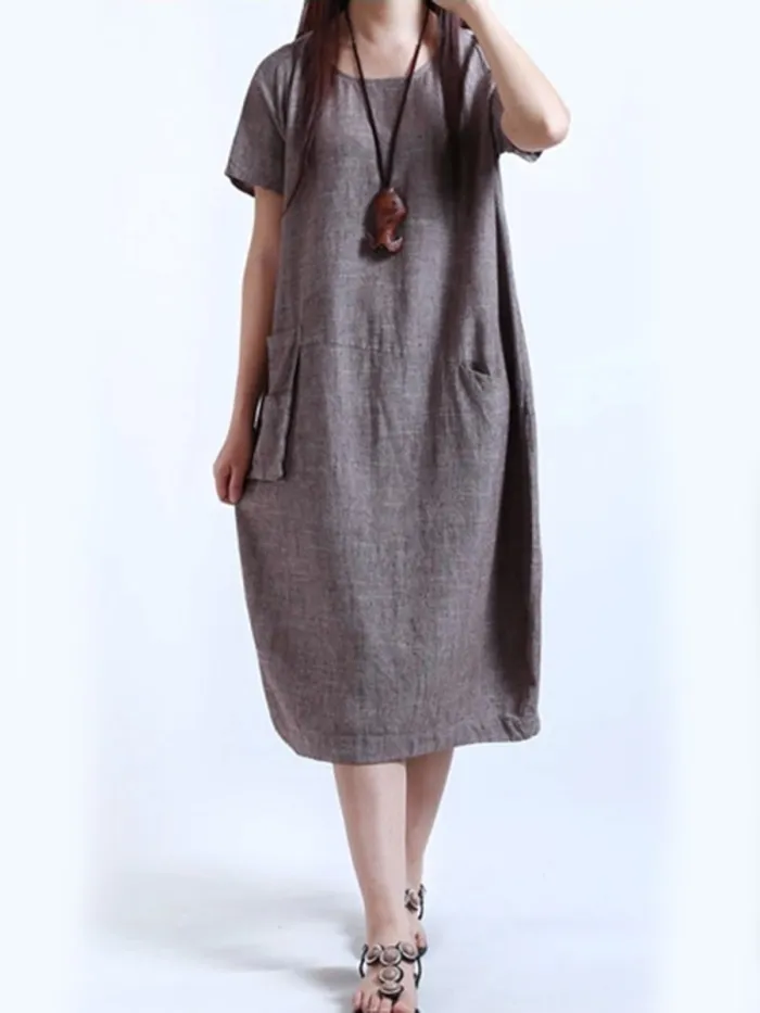 Round Neck  Patch Pocket  Plain  Cotton/Linen Maxi Plus Size Dress
