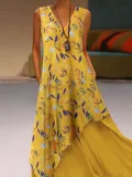 Yellow V Neck Sleeveless Cotton-Blend Dresses