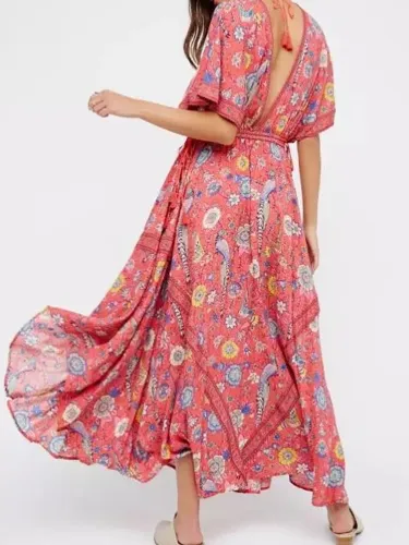 Boho Half Sleeve Chiffon Backless Vacation Dress