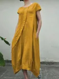 Summer Linen  Pockets Pleated Swing Solid Dresses