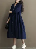 Long Sleeve Women Casual Loose Linen Cotton Solid Dress