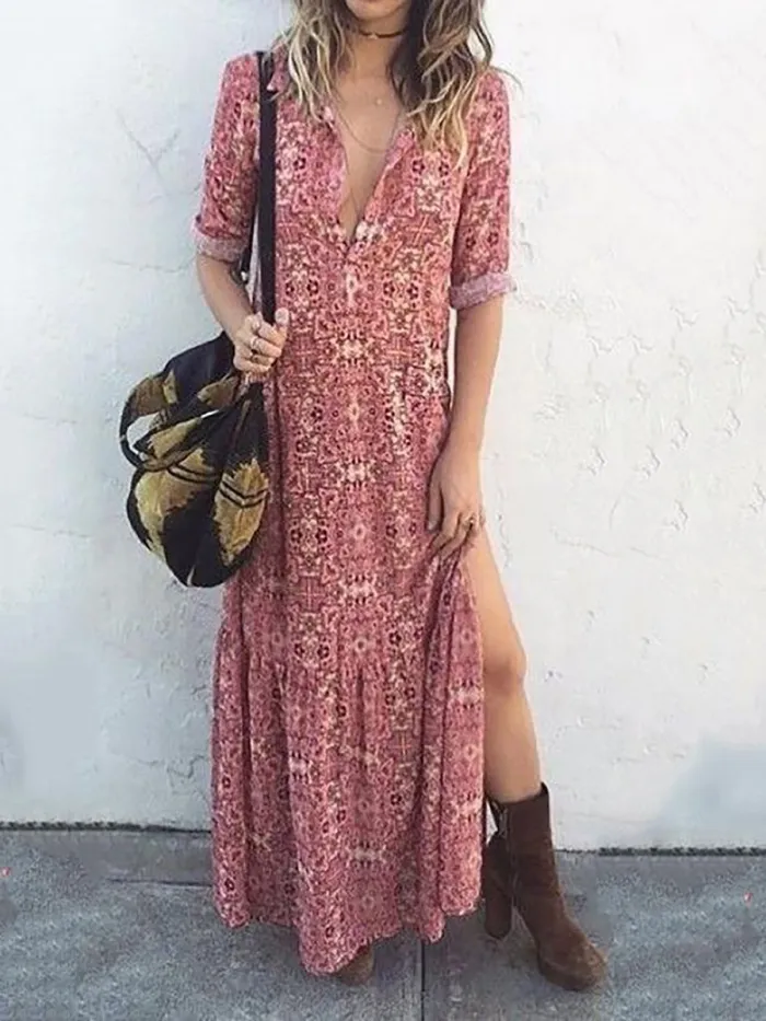 Warm Grey Floral Polyester Fall Dress