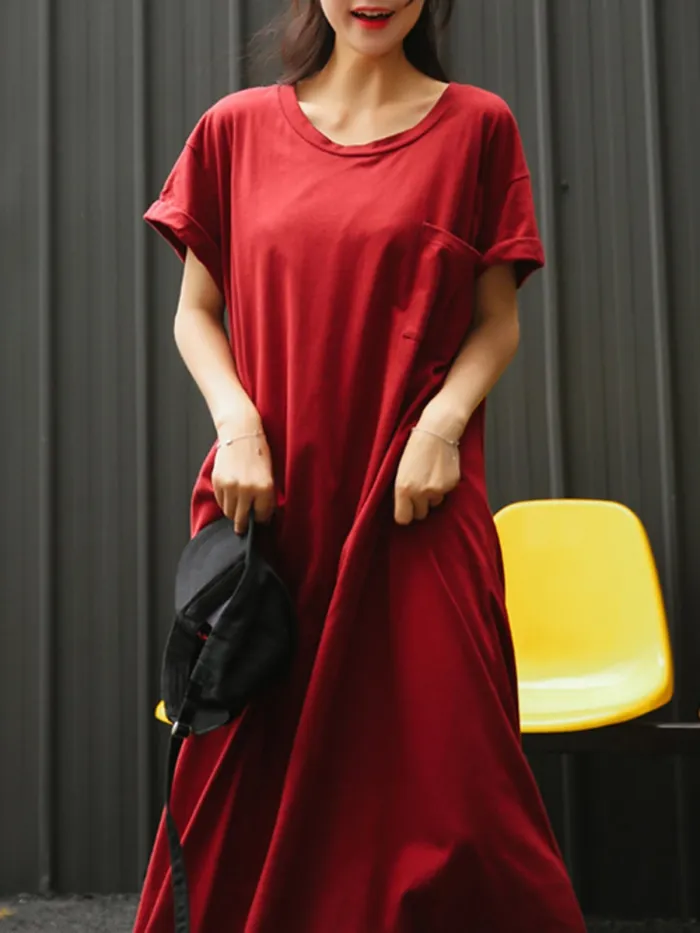 Plus Size Crew Neck Women Red Dress Shift Daytime Pockets Casual Maxi Dress