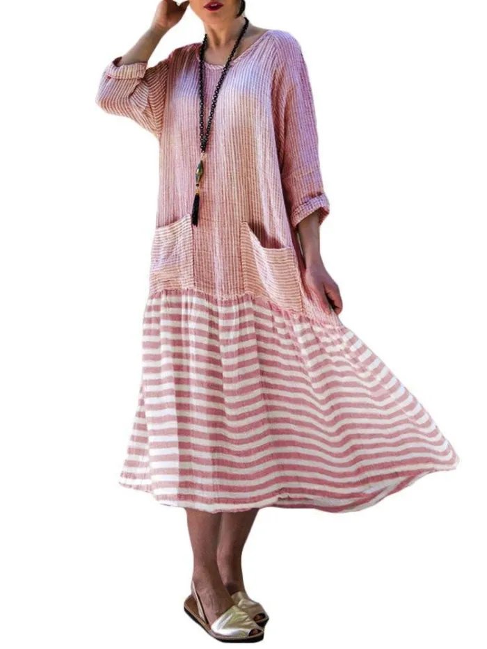 Plus Size Casual Stripe Patchwork Pockets 3/4 Sleeve Dress
