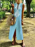 Sleeveless Geometric Casual Linen Maxi Dresses