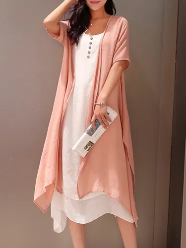 Crew Neck Two Piece Buttoned Casual Dress