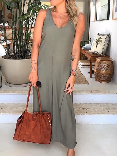 Plus Size Casual V Neck Solid Sleeveless Dresses