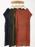 Green Linen Basic Crew Neck Plus Size Dress
